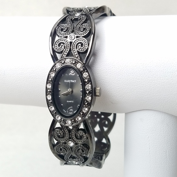 Ellen Tracy Black Metal Cuff Watch Runs New Battery BONUS extra battery - Picture 1 of 6